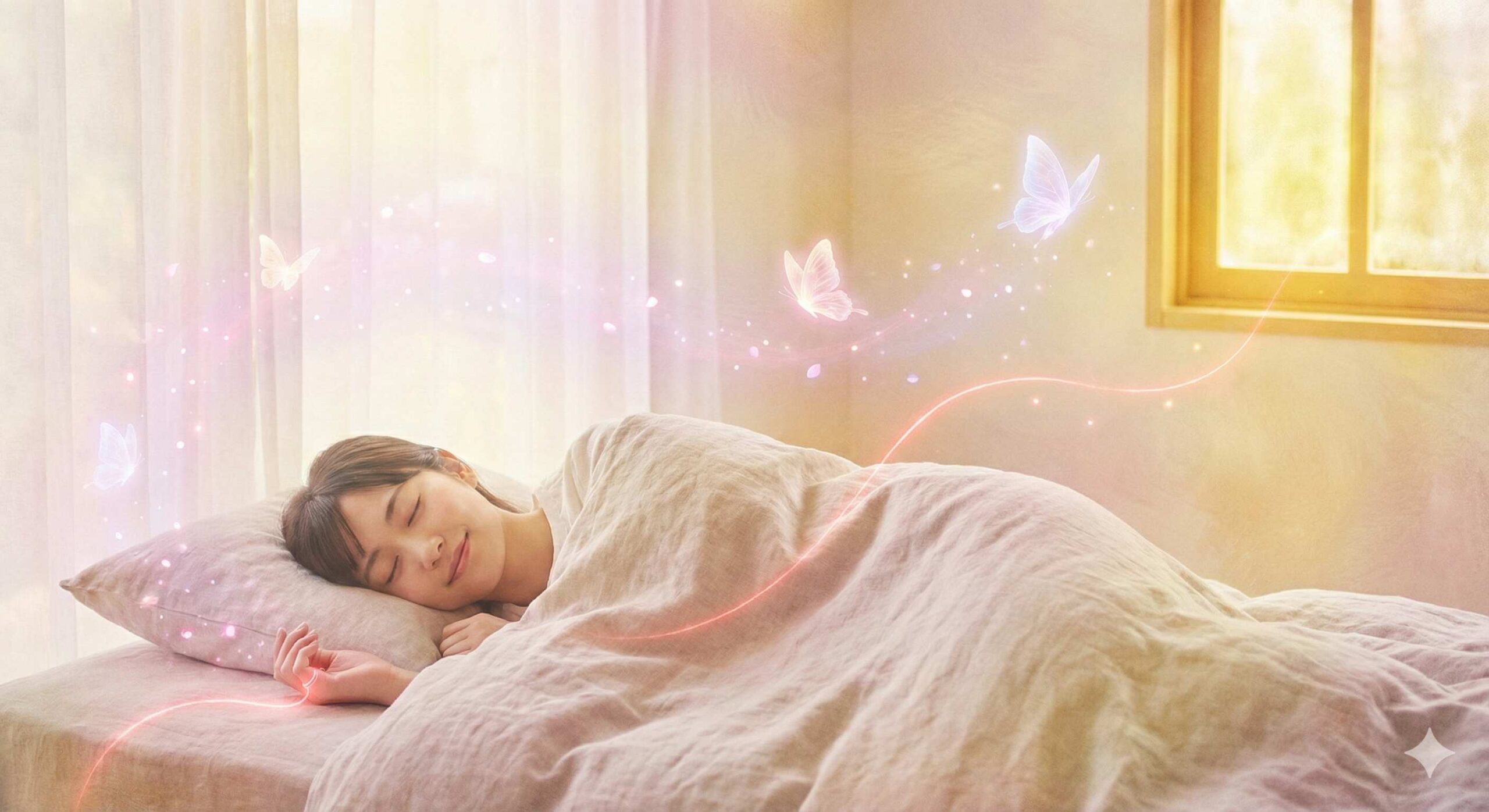 復縁の前兆である眠気を感じている女性と運命の赤い糸のイメージ