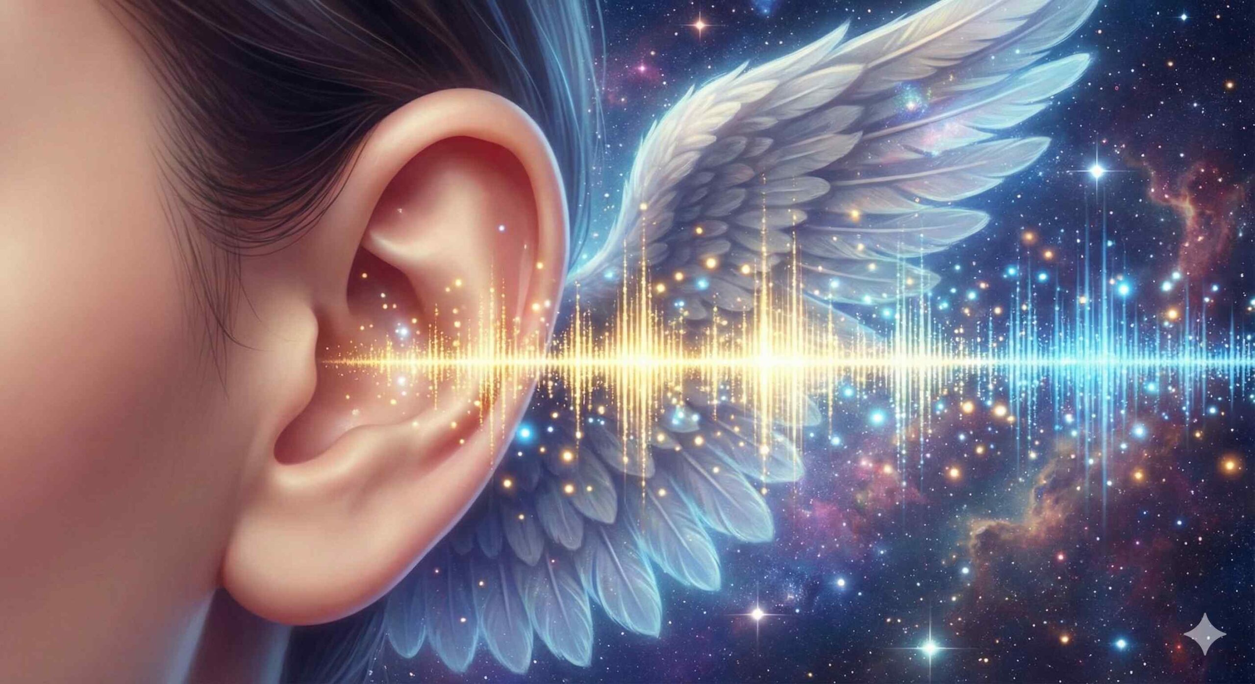 左耳から聞こえるスピリチュアルな耳鳴りと天使のメッセージをイメージしたイラスト